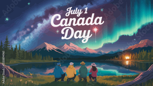 Celebrate Canada Day with this scenic mountain lake design featuring friends enjoying a breathtaking aurora borealis and starry night sky