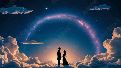 Romantic Couple Silhouette at Sunset Sky Design Perfect for Branding Logos and Websites featuring Clouds and Celestial Arc