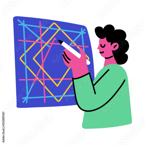 Person making drawing shapes, flat style illustration 
