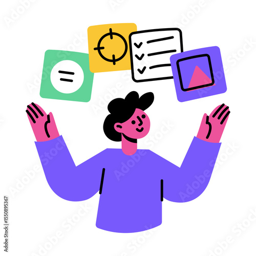 Flat style illustration depicting a multitasking character 
