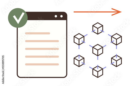 Document with checkmark next to linked blockchain nodes showing data approval and distribution process. Ideal for data security, blockchain integration, transparency, tech innovation