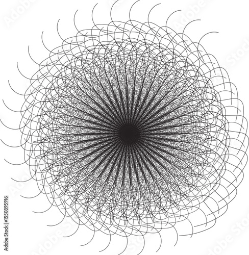 Abstract geometric black and white spiral wire pattern design with a swirling metallic sphere texture