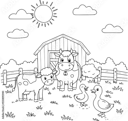 Cute Farm Animals in a Sunny Meadow Illustration,Coloring pages,Coloring Book