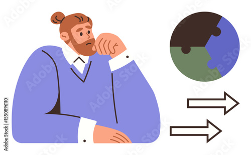 Thoughtful man rests his head on hand, next to a globe puzzle symbolizing global issues. Two arrows represent direction or choices. Ideal for decision-making, problem-solving, environment
