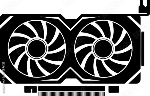 Bold black silhouette of a graphics card featuring dual fans and a PCIe connector, perfect for gaming hardware icons and technological designs.