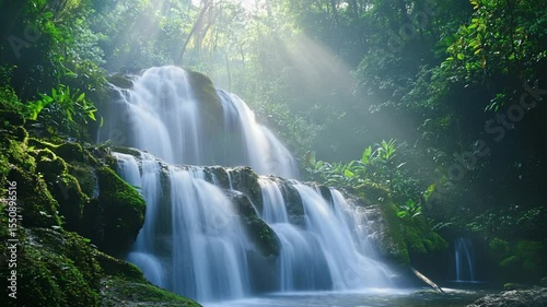 Serene waterfall cascading through lush green rainforest with sunlight