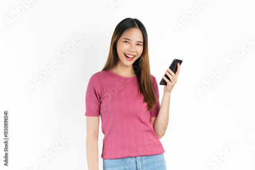 Smiling asian woman hand holding smartphone on white background.