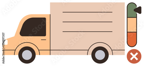 Delivery truck alongside an emission gauge and a warning mark signifying pollution. Ideal for shipping, logistics, emission control, climate awareness, transportation, sustainability, green