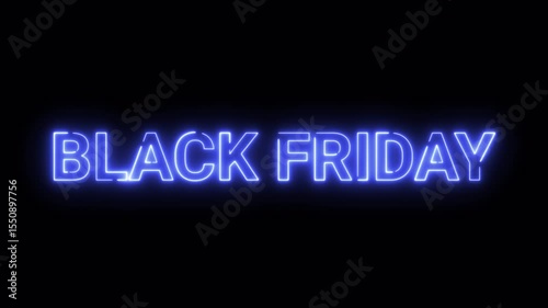Neon Black Friday text sign animation on black background, blue neon glowing Black Friday text sign animated.