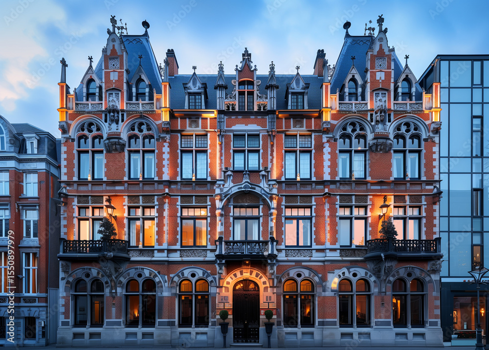 Fototapeta premium Historic red brick building under evening skies captured with a wide-angle lens