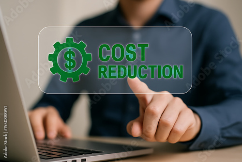 Businessman Using Laptop with Virtual Cost Reduction Screen – Low Cost, High Profit, and Business Efficiency Concept

