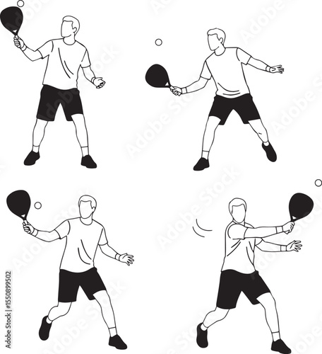 Set of Man Paddle Tennis Player line art in various poses isolated on white background