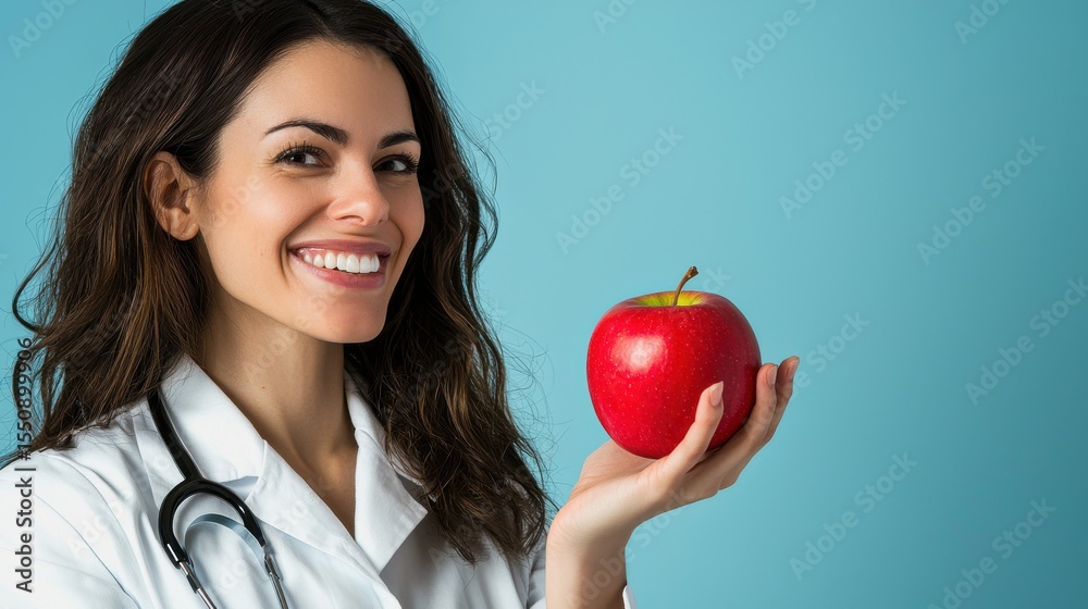 Smiling Female Doctor Holding Red Apple in White Lab Coat Against Blue Background Promoting Healthy Lifestyle Smiling Female Doctor Holding Red Apple in White Lab Coat Against Blue Background Promoting Healthy Lifestyle