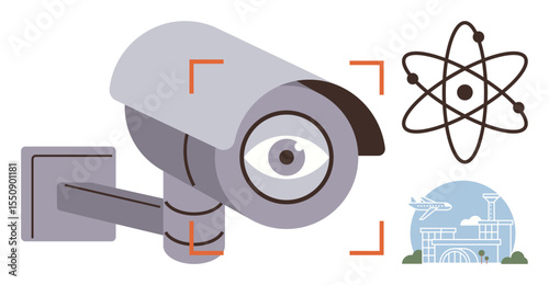 Surveillance camera with an eye lens in focus. Atomic model and airport building suggest science, innovation, and travel security. Ideal for safety, technology, research, innovation, surveillance