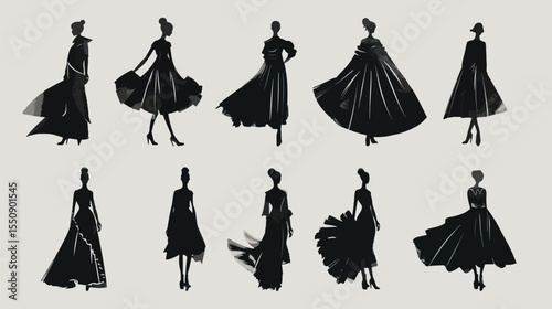 Set of dresses silhouette isolated , black silhouettes isolated on white background