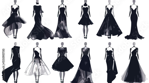 Set of dresses silhouette isolated , black silhouettes isolated on white background