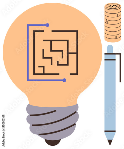 Lightbulb with maze symbolizing ideas and problem-solving, pen for planning, and coins for financial success. Ideal for creativity, strategy, innovation, business, finance planning success. Simple