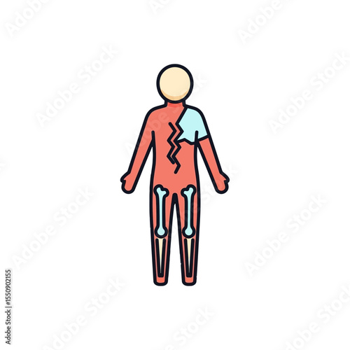 2D Flat Design of A Human with Broken Bones and Back Injury, Illustration of Body Trauma, Health Issues and Healthcare Representation.
