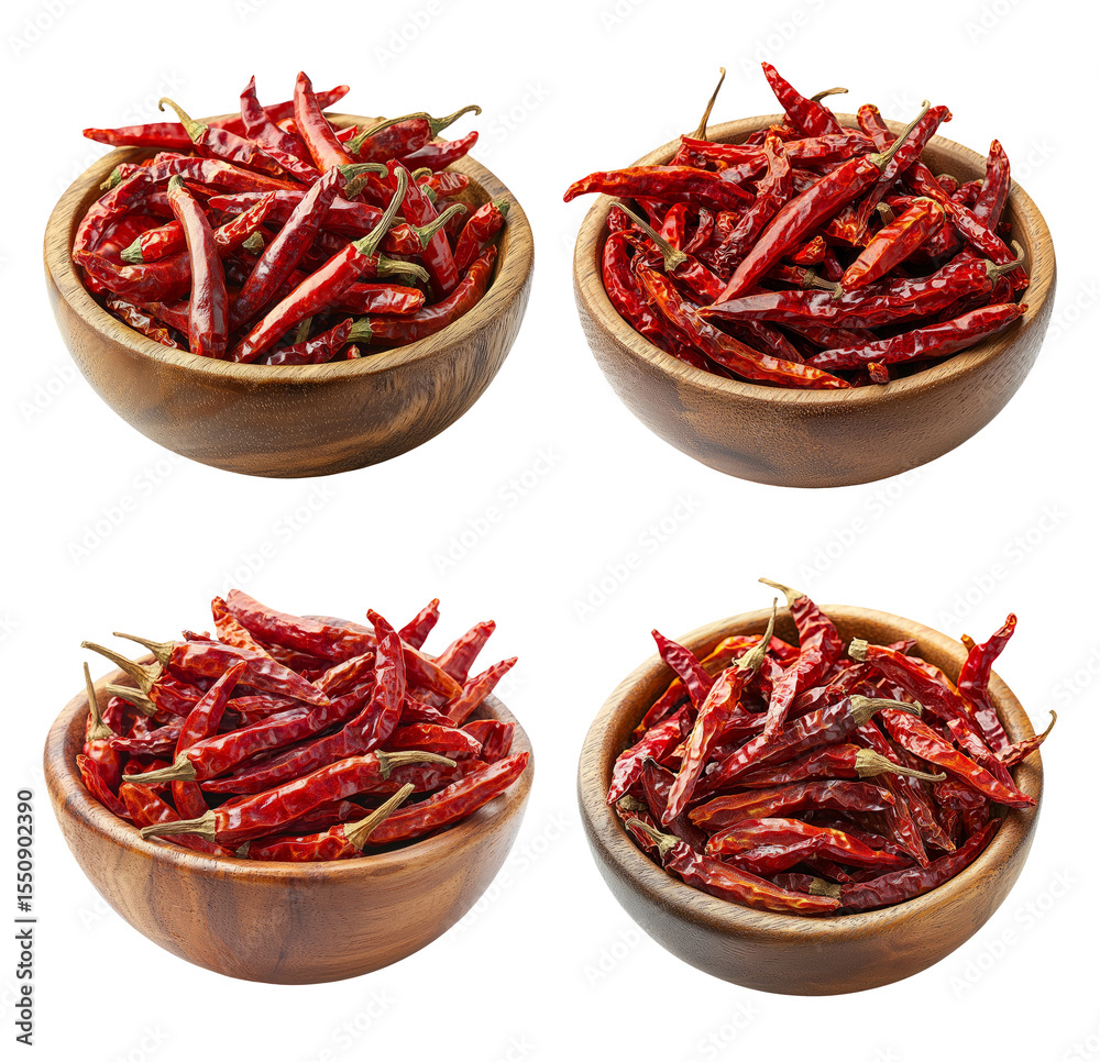 Fototapeta premium Assorted Dried Red Chilies in Wooden Bowls with Vibrant Background Elements