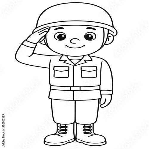 A brave soldier stands tall in salute, wearing a helmet and sturdy boots. This black and white illustration captures a sense of courage and pride, perfect for children’s coloring activities.