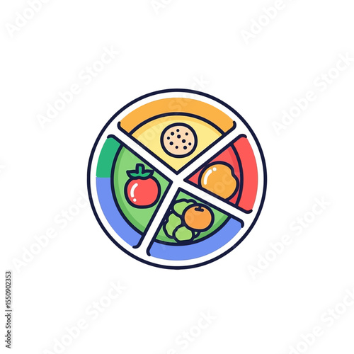 Balanced Diet Plate Colorful depiction of a healthful meal, promoting nutrition and wellness with fruits, vegetables, and grains.