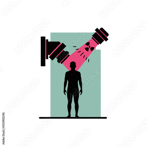 Radiation Exposure Illustration A stark graphic depicting the potential harms of radiation with a human figure silhouetted under intense rays.