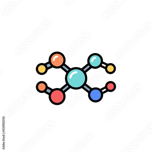 Colorful Molecule Flat 2D Illustration with Vibrant Spheres and Bonds for Scientific Concepts