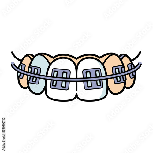 Cartoon Illustration of Teeth with Braces for Orthodontic Treatment and Dental Health