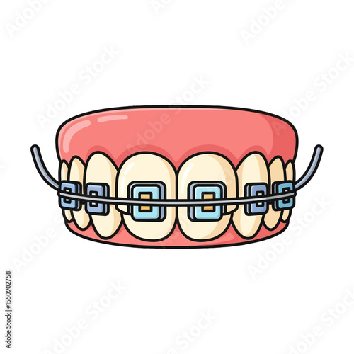Cartoon illustration of teeth with orthodontic braces, showing dental care and the process of teeth alignment for a healthy smile.