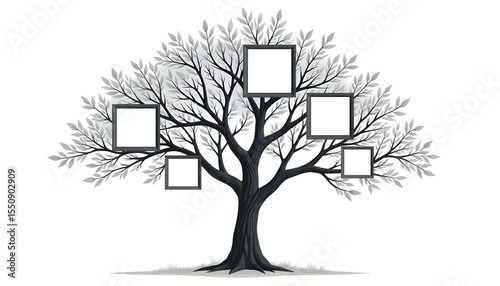Grayscale family tree vector illustration with blank photo frames.