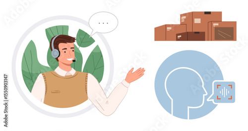 Customer support agent wearing headset, voice authentication icon, stack of cardboard boxes for shipping. Ideal for customer service, logistics, e-commerce, AI tech, identity security, communication