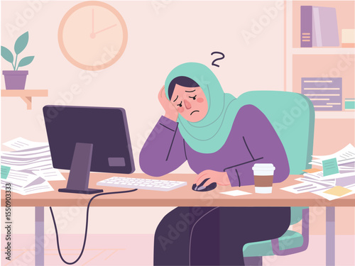 Overworked Muslim Woman at Office Desk – Flat Vector Illustration