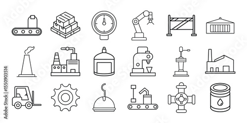 Collection of industrial and manufacturing icons representing factories machinery and logistics on a white background