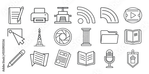 Collection of outline icons representing communication media and information technology concepts