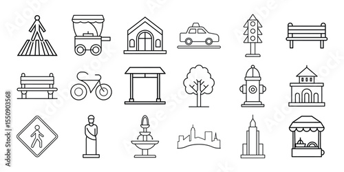 Collection of urban and city life icons featuring buildings transportation and street elements