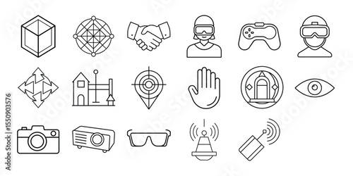 Collection of outline icons representing technology gaming communication and virtual reality concepts
