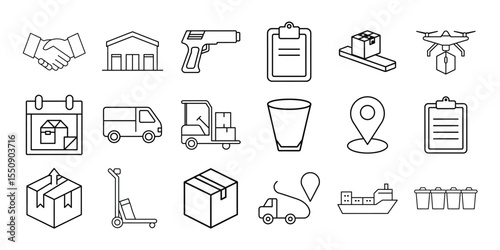 Collection of logistics and delivery icons including handshake warehouse gun clipboard package drone calendar van forklift cup location truck ship and trash cans isolated on white background