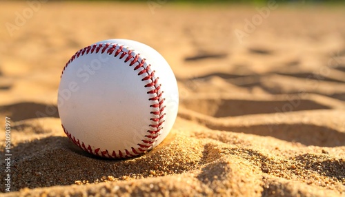 Baseball ball resting on sandy ground.