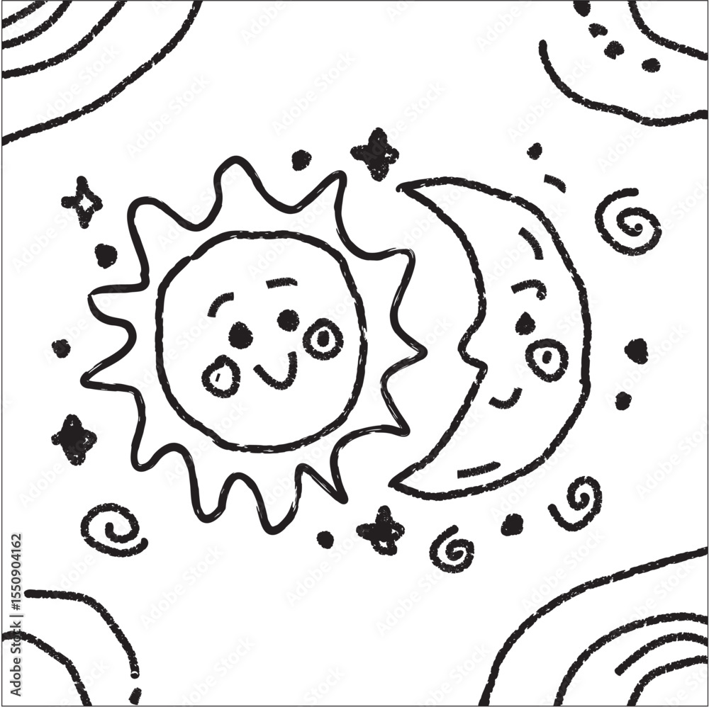 Obraz premium Cute Doodle Illustration of Moon and Sun Face with Stars