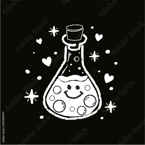 Magic Potion Bottle Doodle Vector with Stars and Bubbles