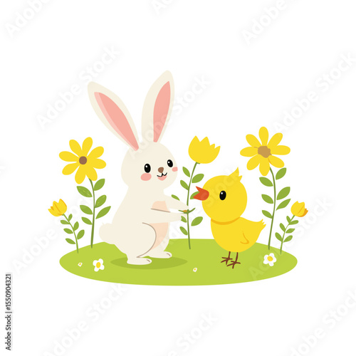 Simple Illustration Bunny and Chick Playing Together in a Flower Field