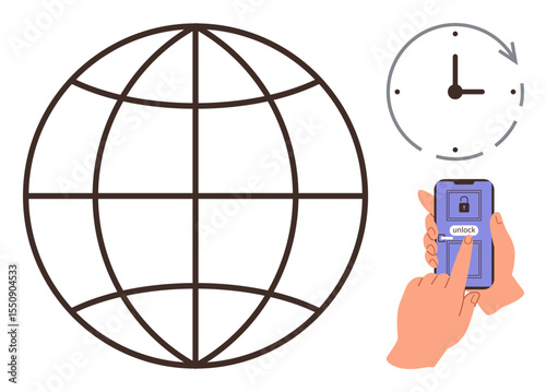 Globe outline, clock with arrow, and hands unlocking a smartphone. Ideal for worldwide connection, navigation, time synchronization, digital security, global commerce, data access simple flat