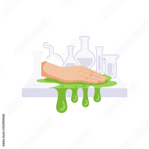 Sticky Situation A Flat 2D Cartoon Icon Vector of a Hand in Green Slime with Laboratory Equipment