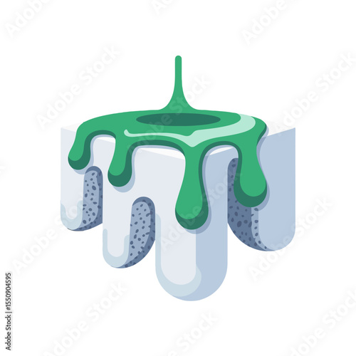 Abstract 2D Cartoon Icon Dripping Green Slime on White Cube