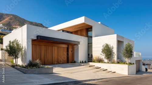 Sleek modern home exterior finished in white with wood and glass elements