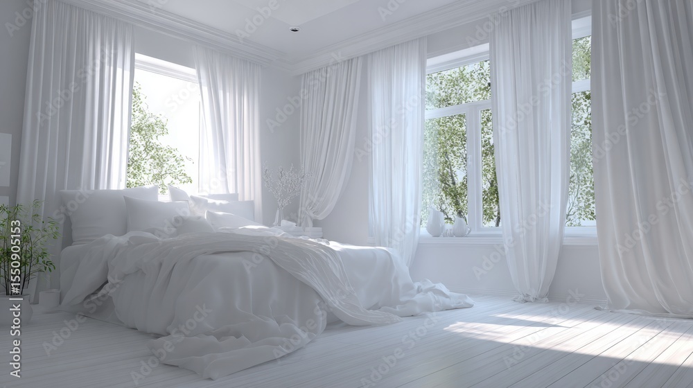 Fototapeta premium Stylish bedroom with brilliant white bed, curtains, and walls reflecting purity and harmony