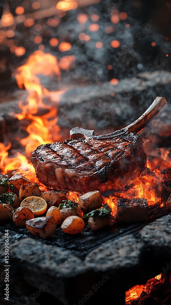 Grilled Tomahawk Steak and Potatoes Roasting Over an Open Fire with Intense Flames Grilled Tomahawk Steak and Potatoes Roasting Over an Open Fire with Intense Flames