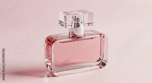 A sleek, clear glass perfume bottle with pink liquid and a silver cap, set against a soft pink background.
