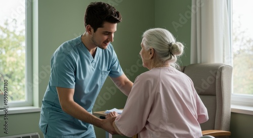 Compassionate Caregiver Assisting Elderly Woman