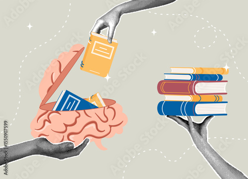 Trendy halftone collage. Books about knowledge transfer and learning that fill the brain. The concept of learning, getting an education, gaining new knowledge.